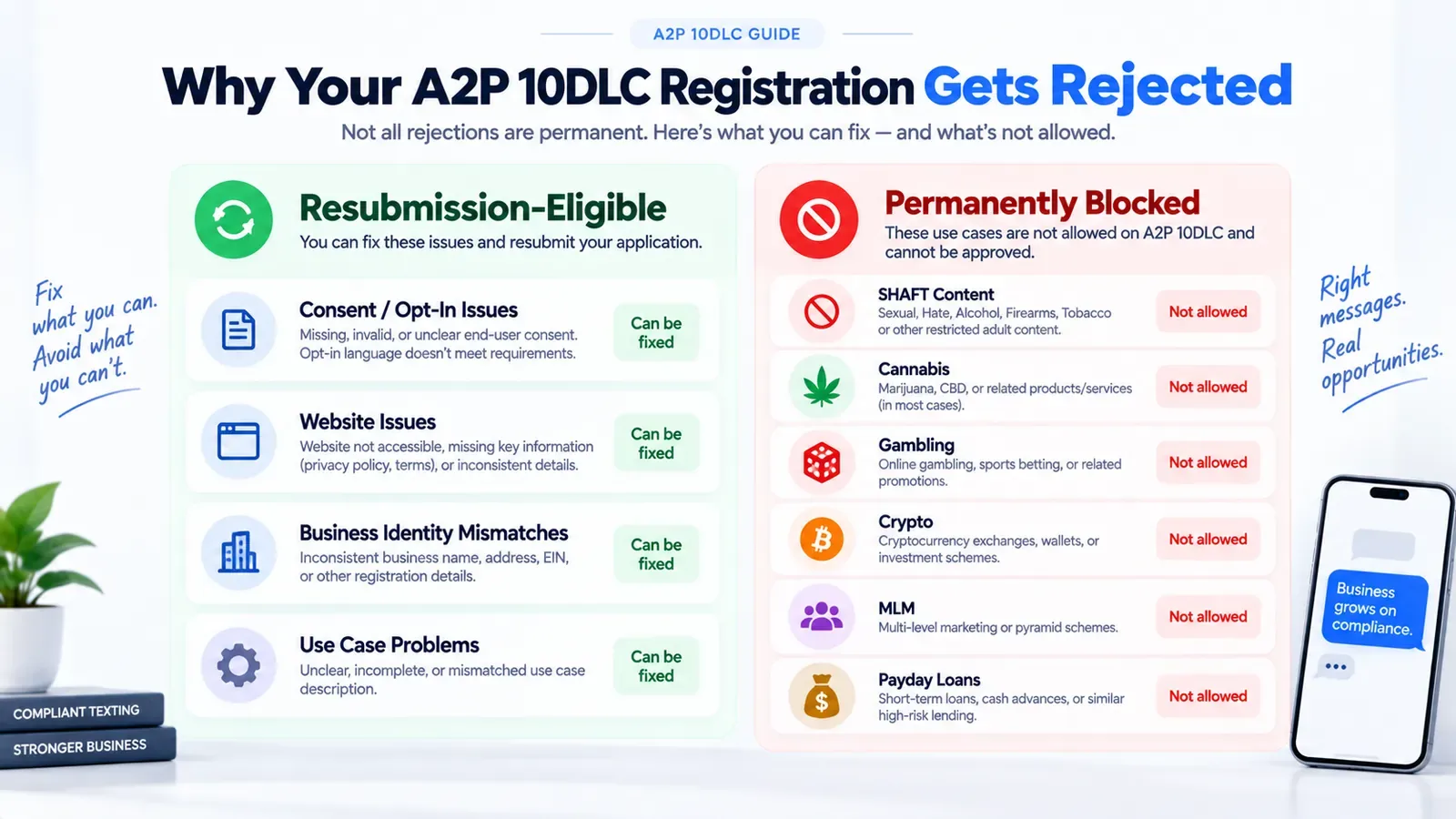 A2P 10DLC guide graphic: fixable rejection reasons such as consent, website, business identity and use-case problems, next to permanently blocked categories such as cannabis, gambling, crypto, MLM and payday loans