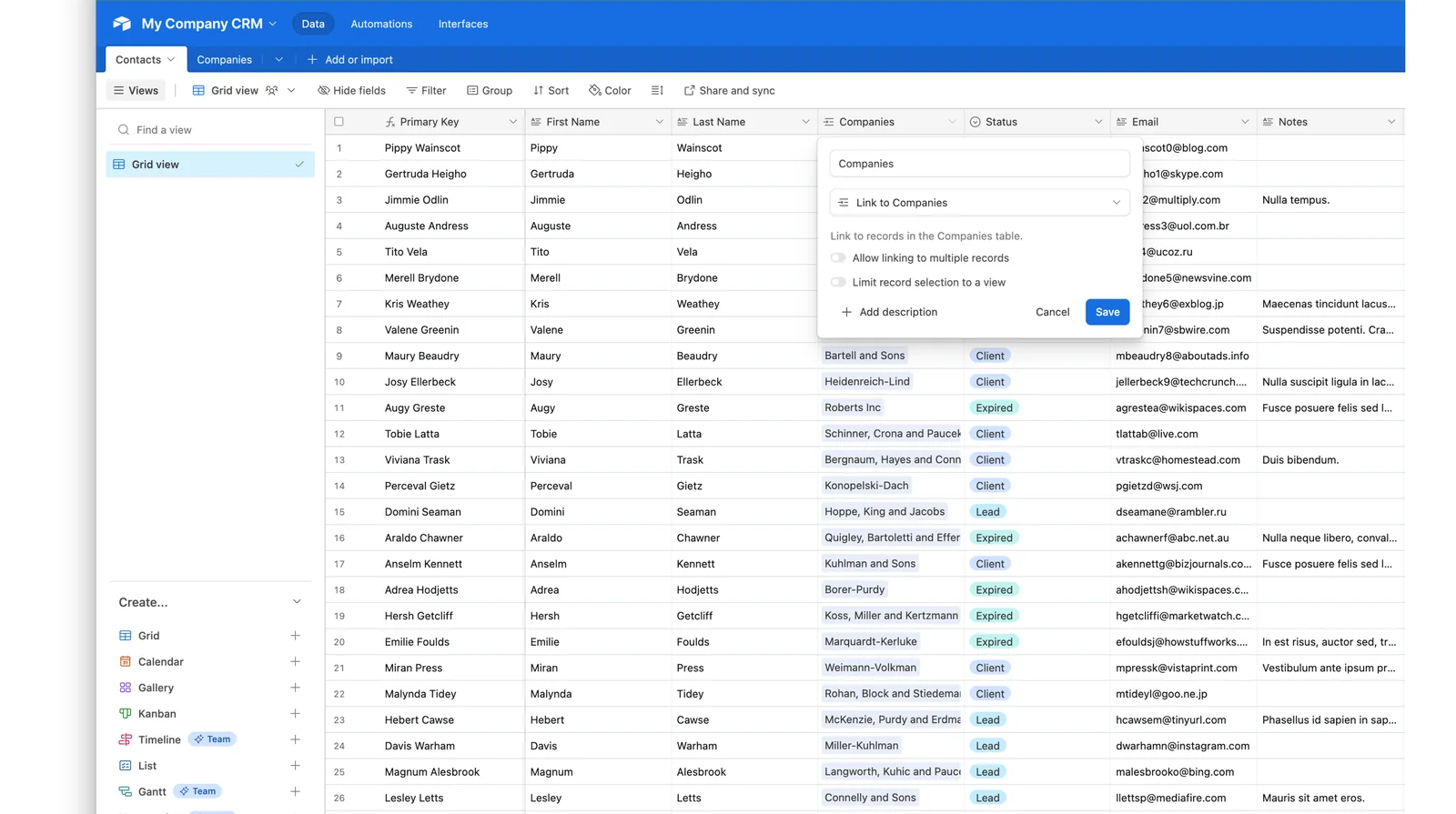 Airtable base with a link-to-another-record dialog for a Companies table