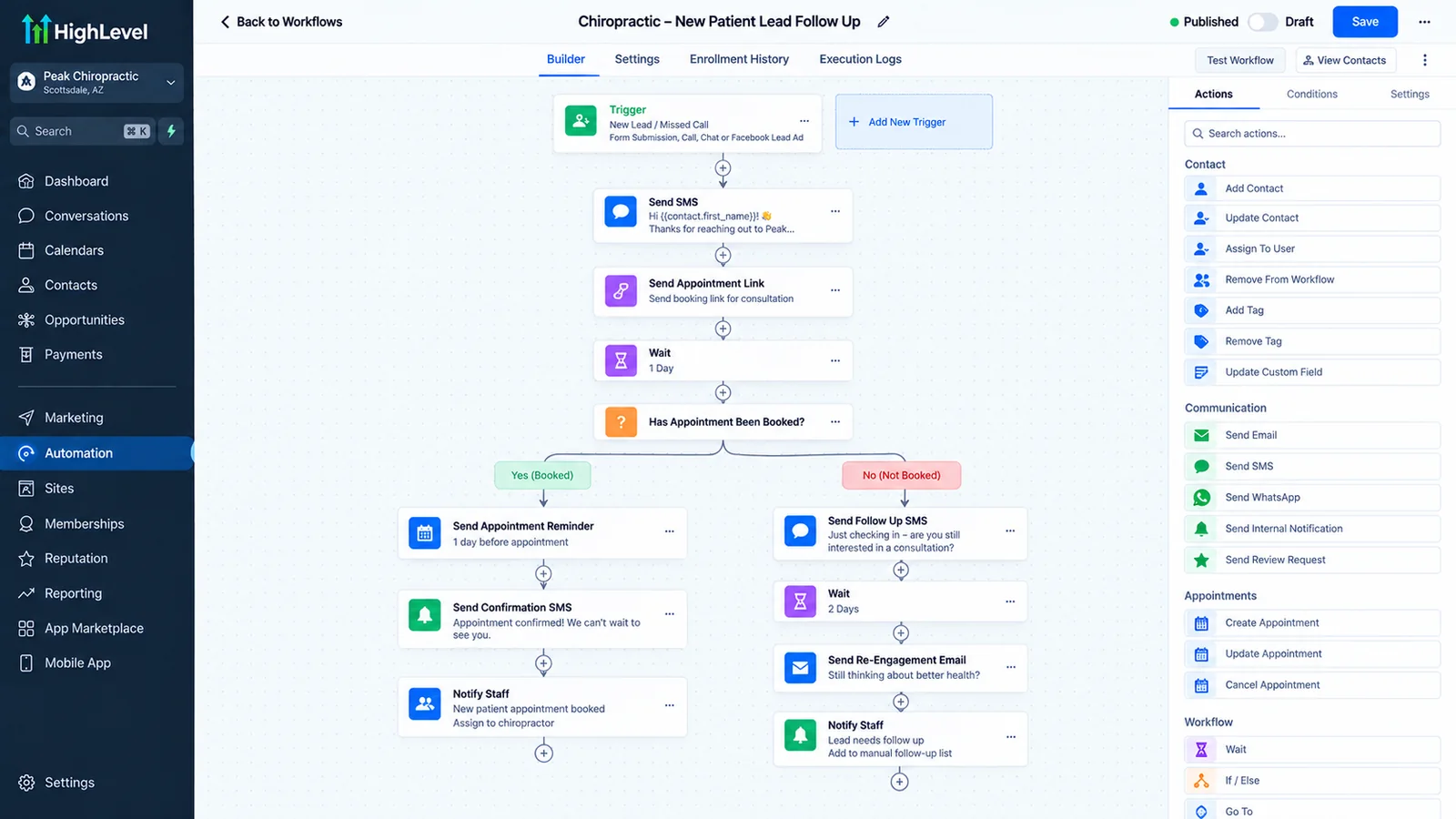 Clinic appointment workflow with booking confirmation, reminders before the visit and a follow-up after the appointment