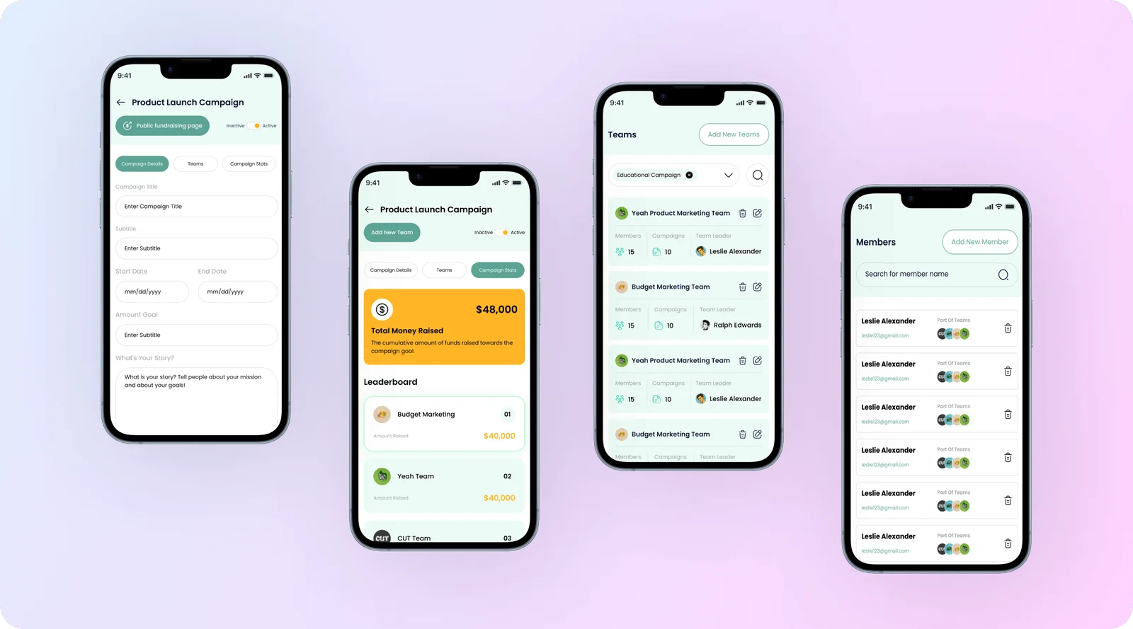 Coo platform screens showing campaign statistics and team management views