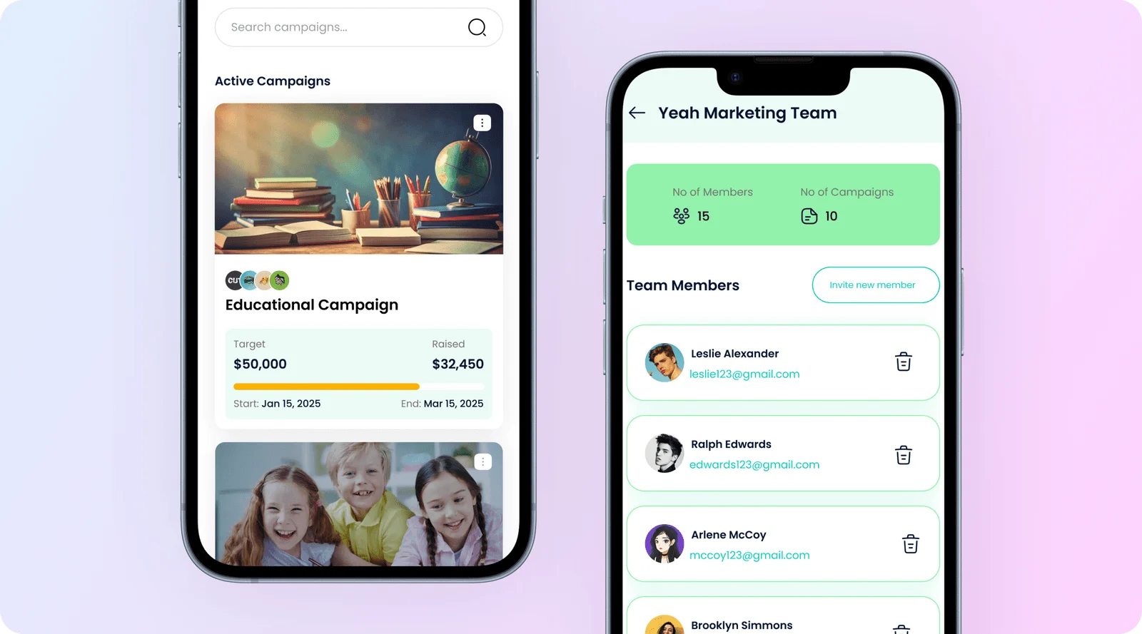 Coo app product design: an active campaigns list with funding progress, and a team members screen showing who has access to a merchant's campaigns