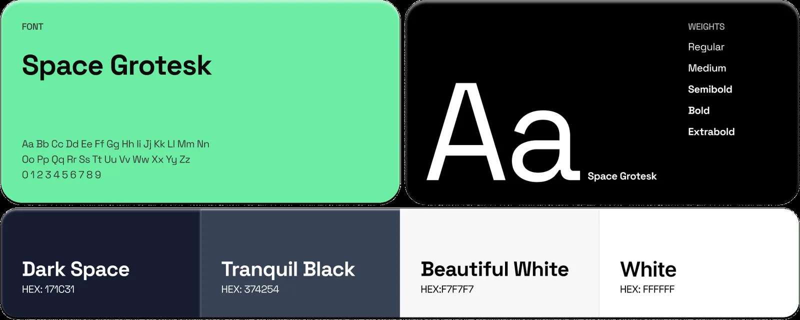 DEMP's brand style guide: Space Grotesk typeface in Regular, Medium, Semibold, Bold and Extrabold, and a palette of Dark Space (#171C31), Tranquil Black (#374254), Beautiful White (#F7F7F7) and White (#FFFFFF)