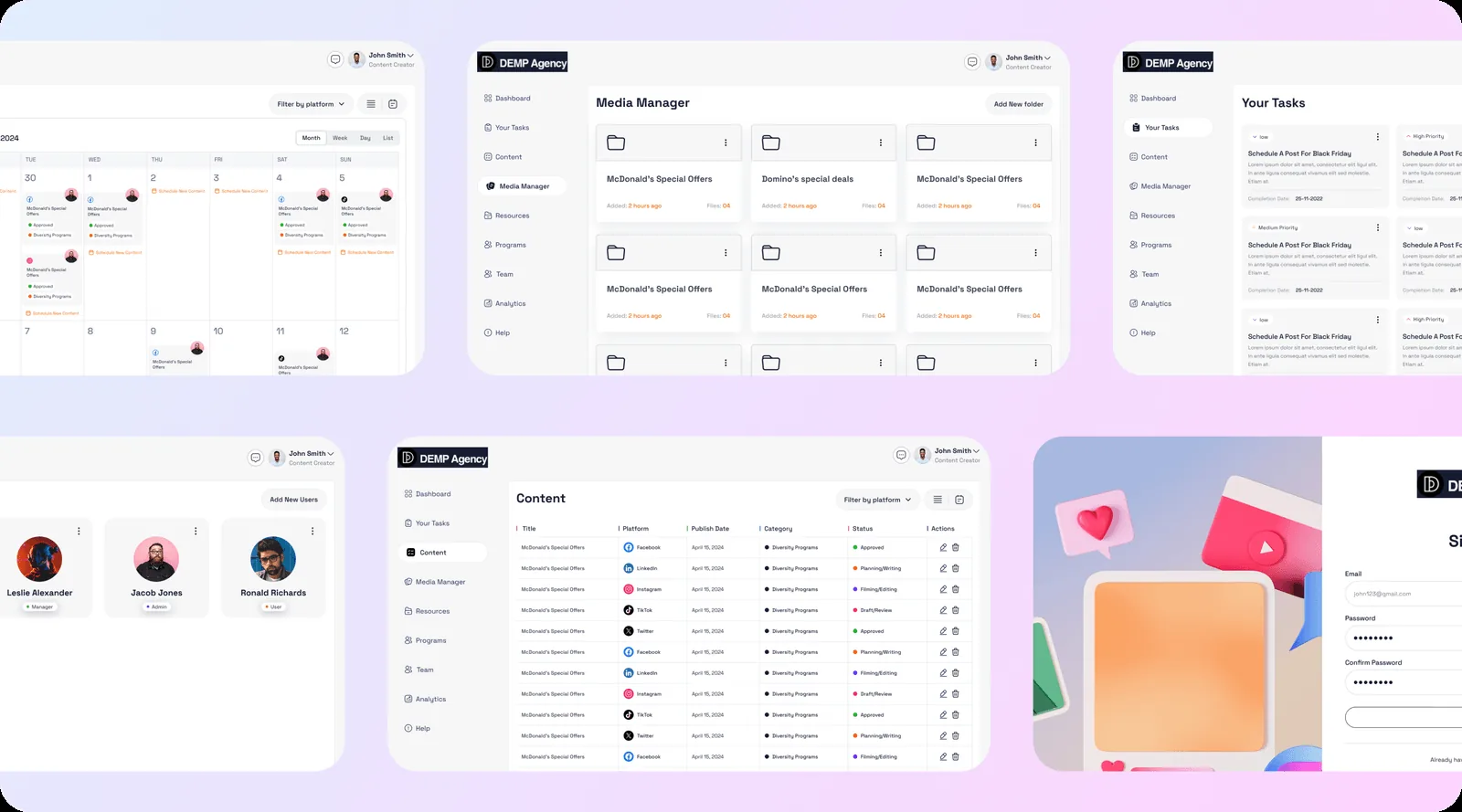 DEMP content studio product design: calendar view, media manager folders, task cards by priority, team member roles, a content table by platform and status, and the sign-up screen