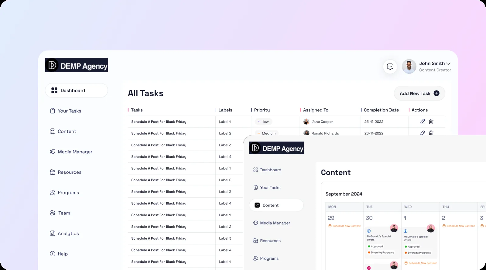 DEMP content studio: an All Tasks table and a monthly content calendar with approval status per post