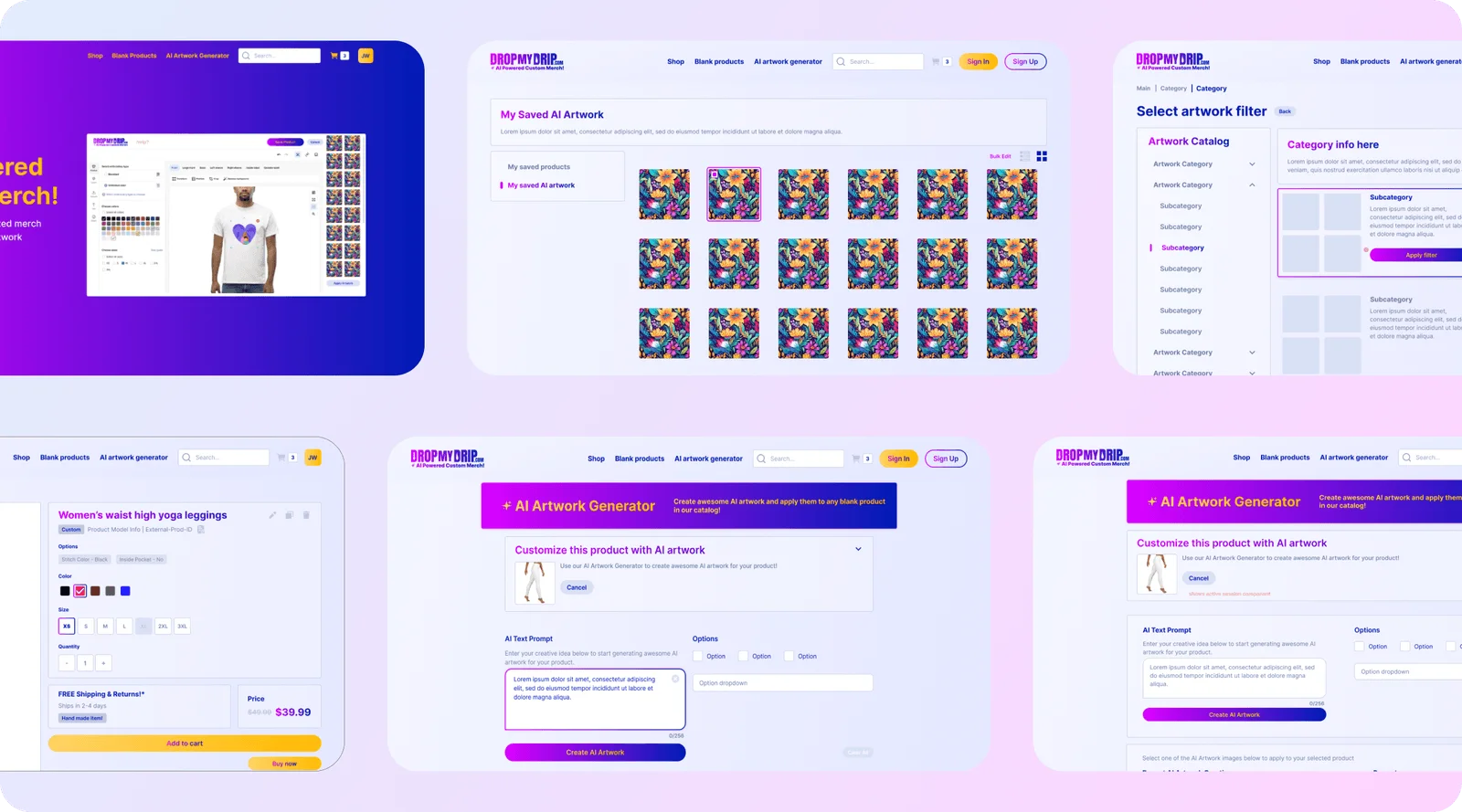 Drop My Drip's saved AI artwork gallery, artwork category filter, AI artwork generator prompt, and checkout screen
