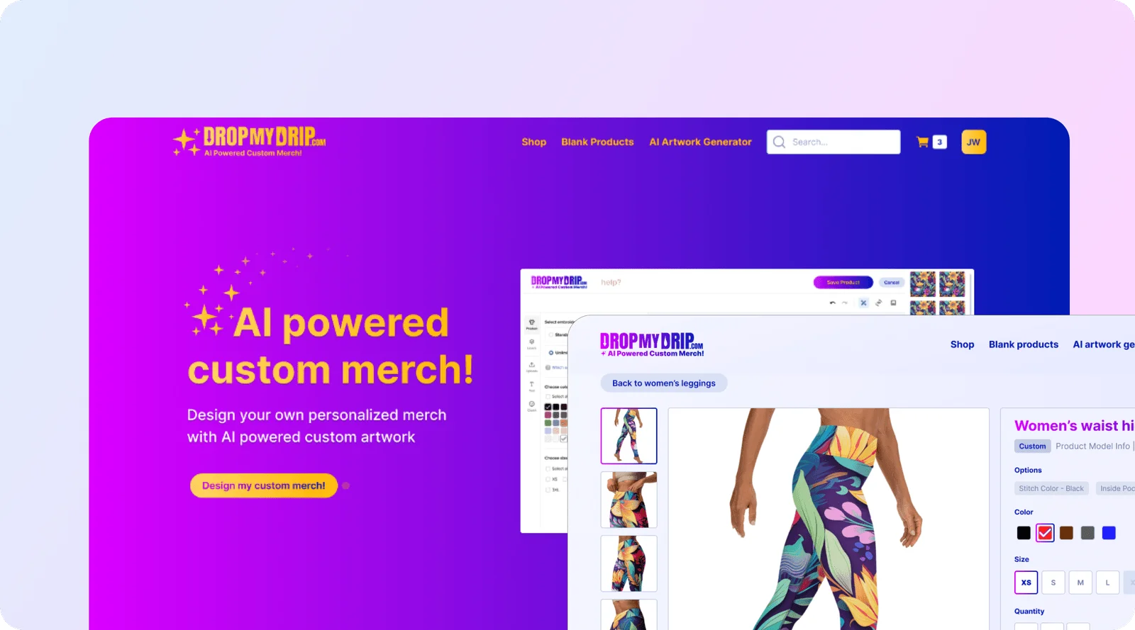 Drop My Drip's homepage, design tool, and a product detail page for custom leggings with color and size options