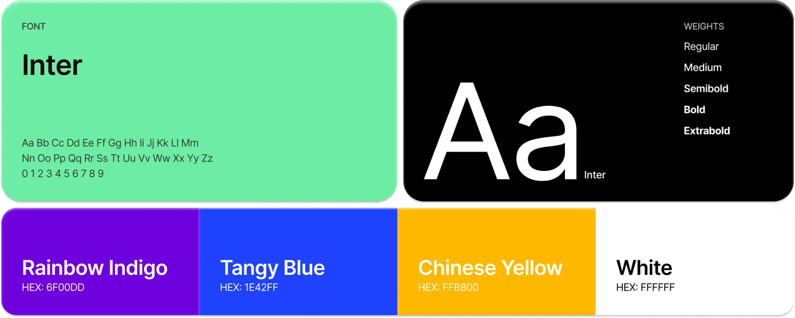 Drop My Drip's brand style guide: Inter typeface in five weights, and a palette of Rainbow Indigo (#6F00DD), Tangy Blue (#1E42FF), Chinese Yellow (#FFB800), and White (#FFFFFF)