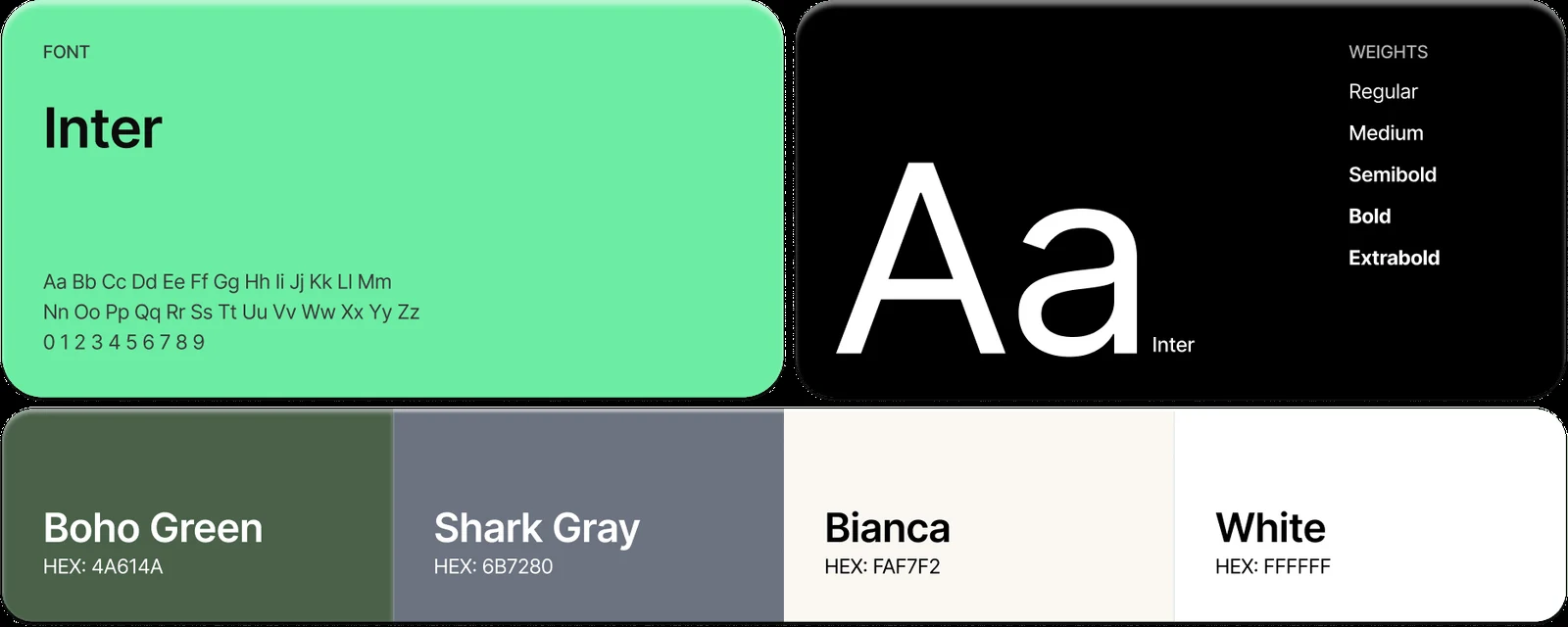 Farmers Market Haul brand style guide: Inter typeface in five weights, and a palette of Boho Green (#4A614A), Shark Gray (#6B7280), Bianca (#FAF7F2), and White (#FFFFFF)
