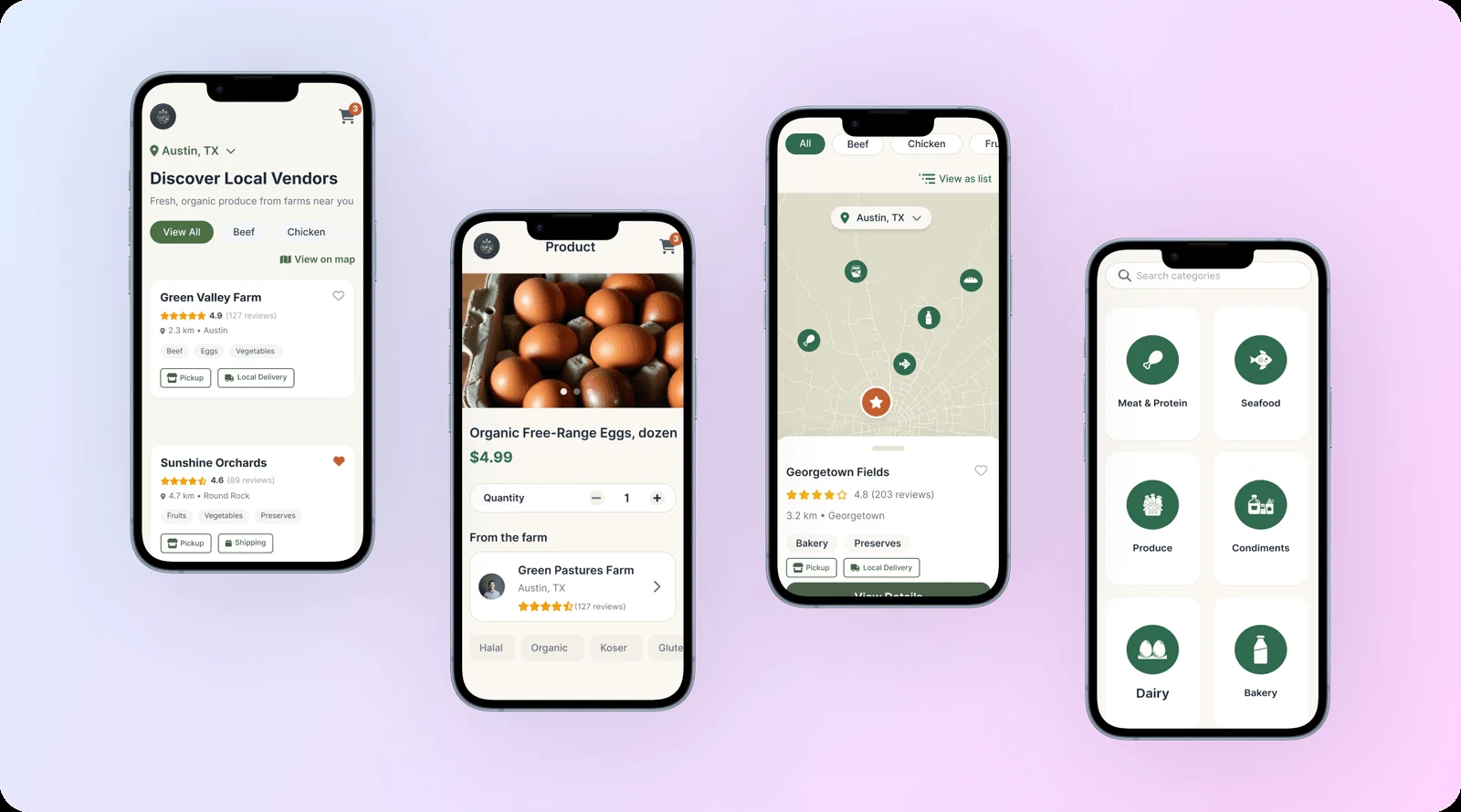 Farmers Market Haul app product design: a discover-local-vendors home screen, a product detail page for a dozen eggs, a map view of nearby markets, and a category search screen