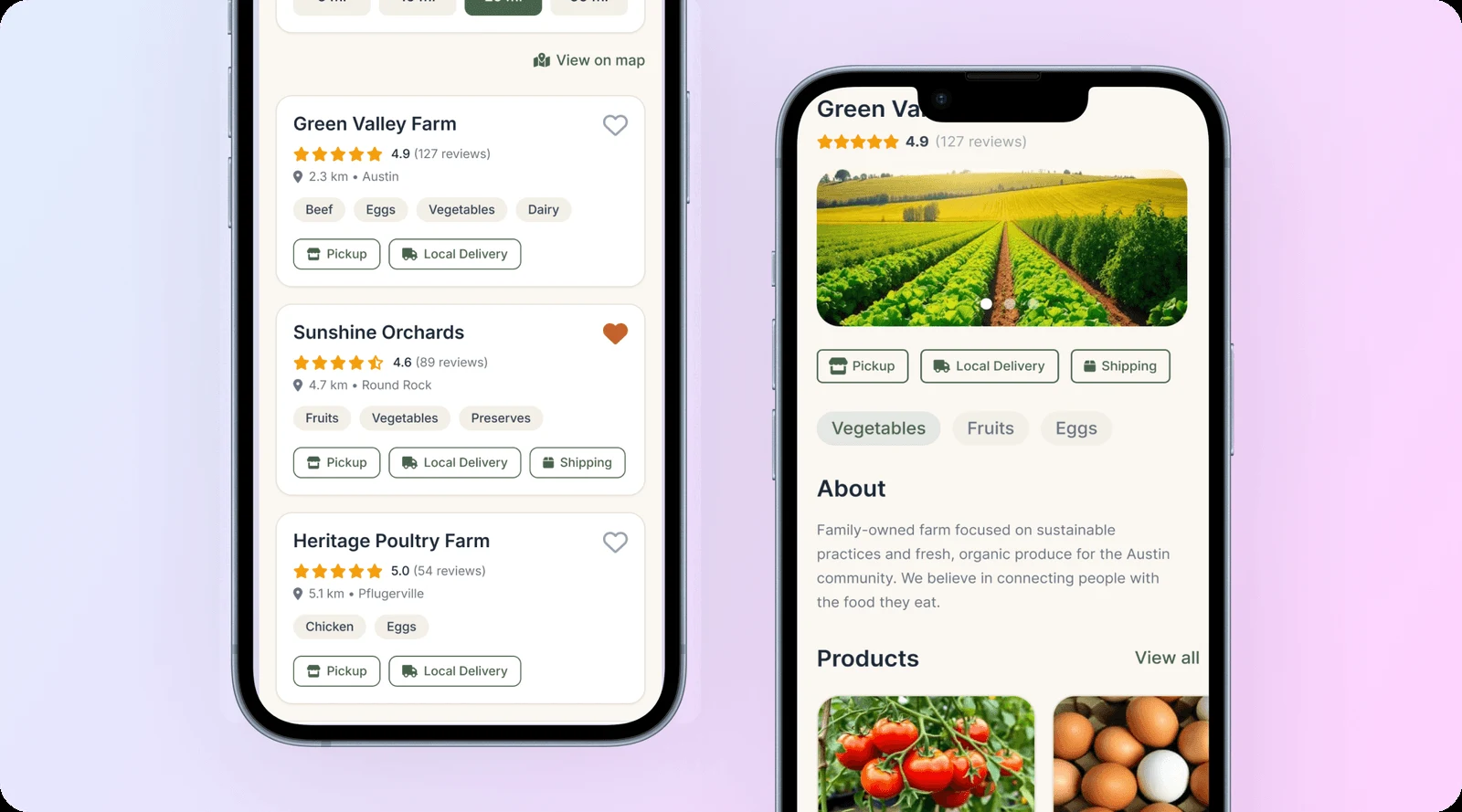 Farmers Market Haul app: vendor listing cards with ratings and product tags, and a farm profile detail page