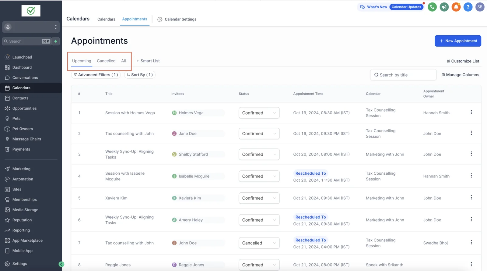 GoHighLevel CRM appointments list showing booked calls with contact names, calendars and status
