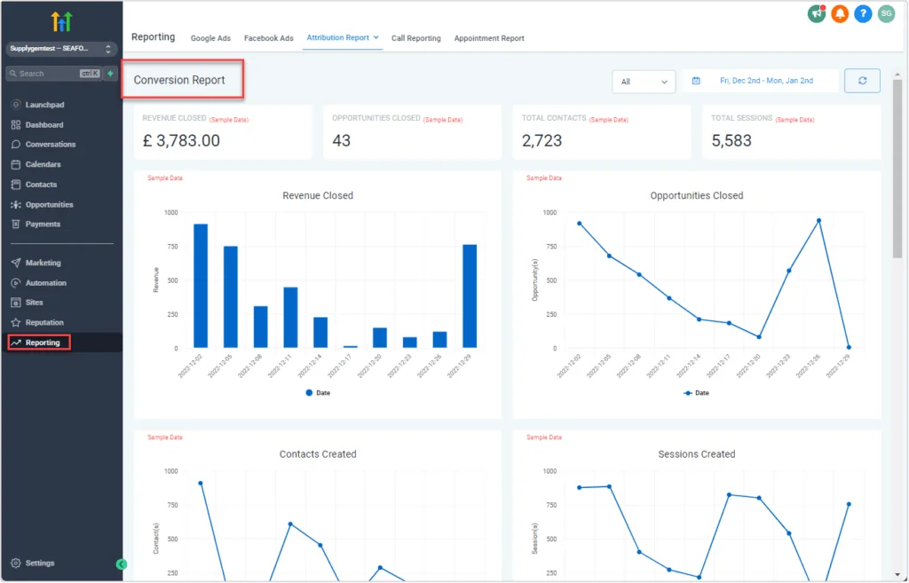 GoHighLevel conversion report showing leads, booked appointments and revenue by source