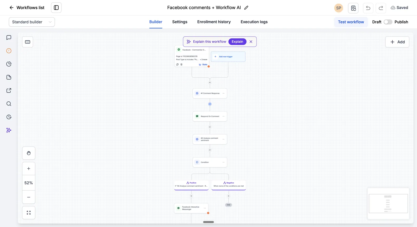 HighLevel workflow builder showing a Facebook comments workflow with an AI reply step