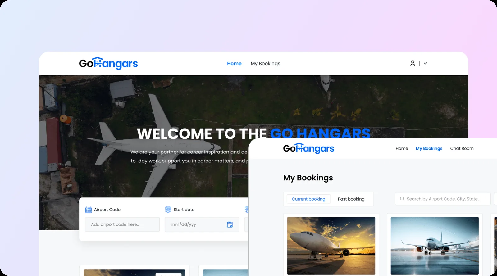 GoHangars aircraft hangar marketplace: bookings screen with current and past bookings, and search by airport code, city or state