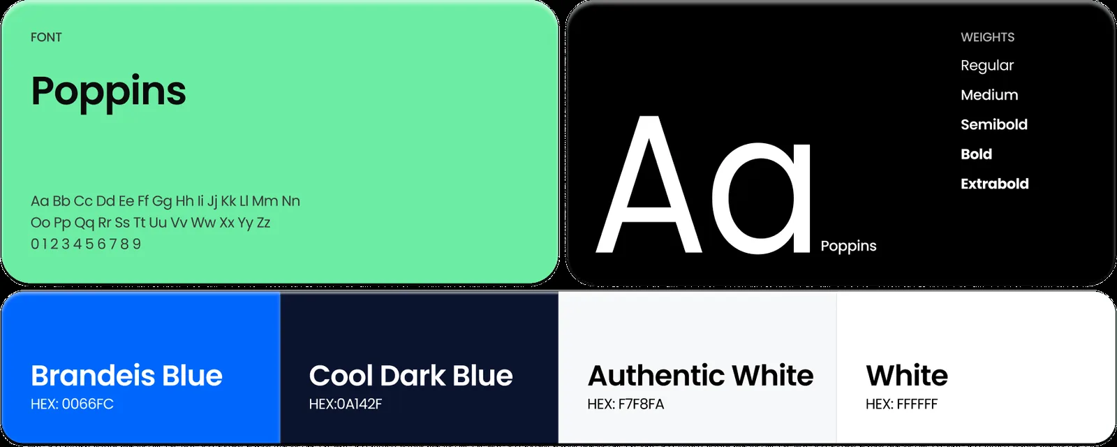 GoHangars brand style guide: Poppins typeface in five weights, and a palette of Brandeis Blue (#0066FC), Cool Dark Blue (#0A142F), Authentic White (#F7F8FA), and White (#FFFFFF)