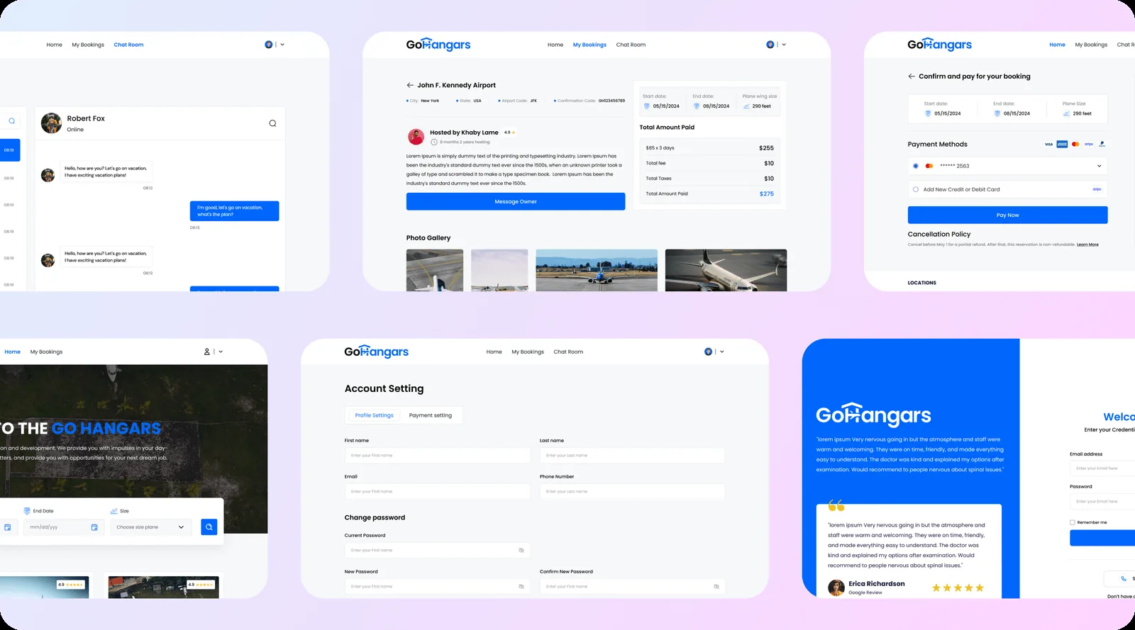 GoHangars aircraft hangar marketplace product design: an owner-operator chat, a booking detail page with dates, plane size, host and photo gallery, and a payment screen with cancellation policy