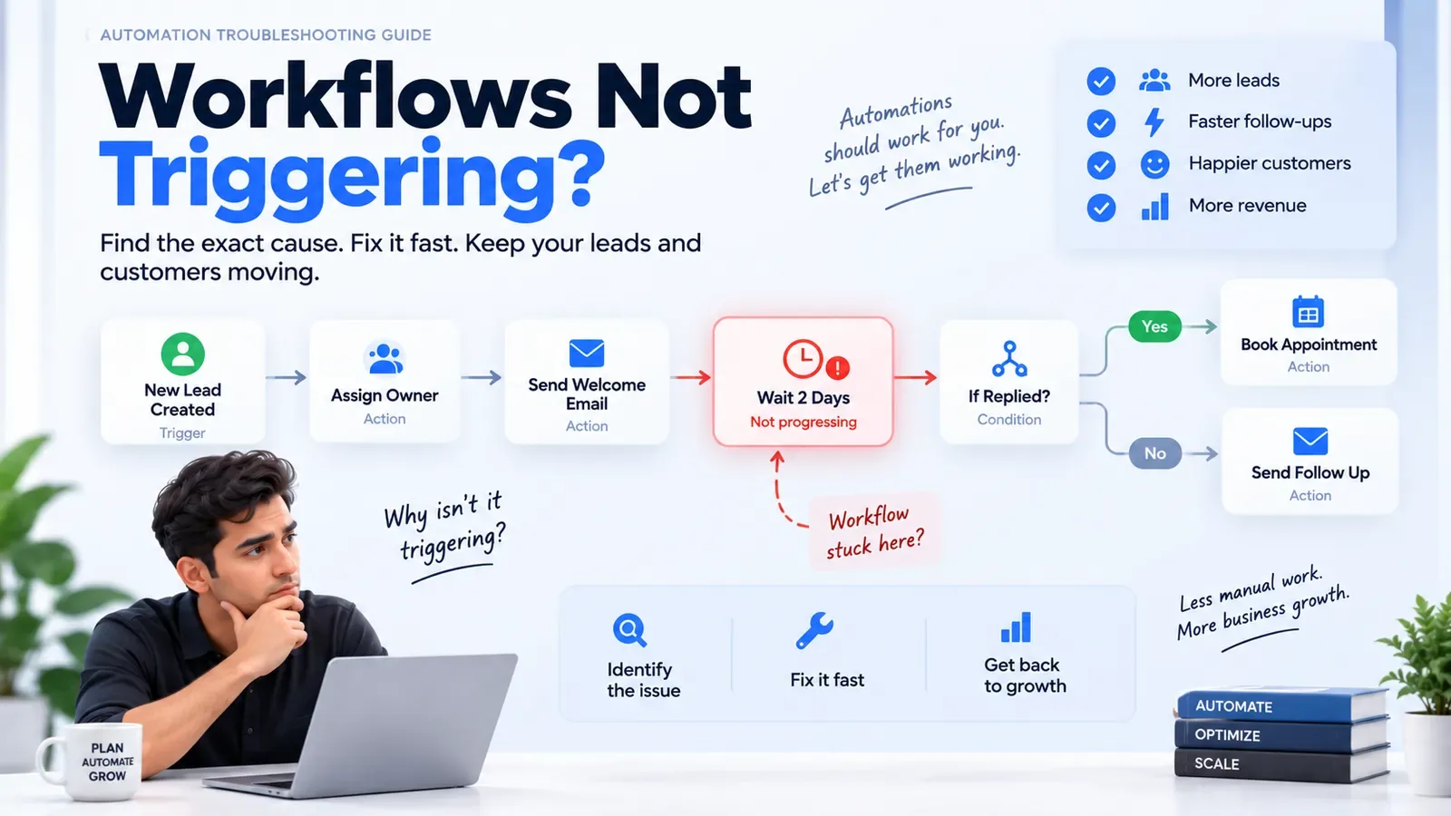 Diagram of a GoHighLevel workflow: new lead trigger, assign owner, welcome email, a two-day wait, an if-replied condition, then either book an appointment or send a follow-up