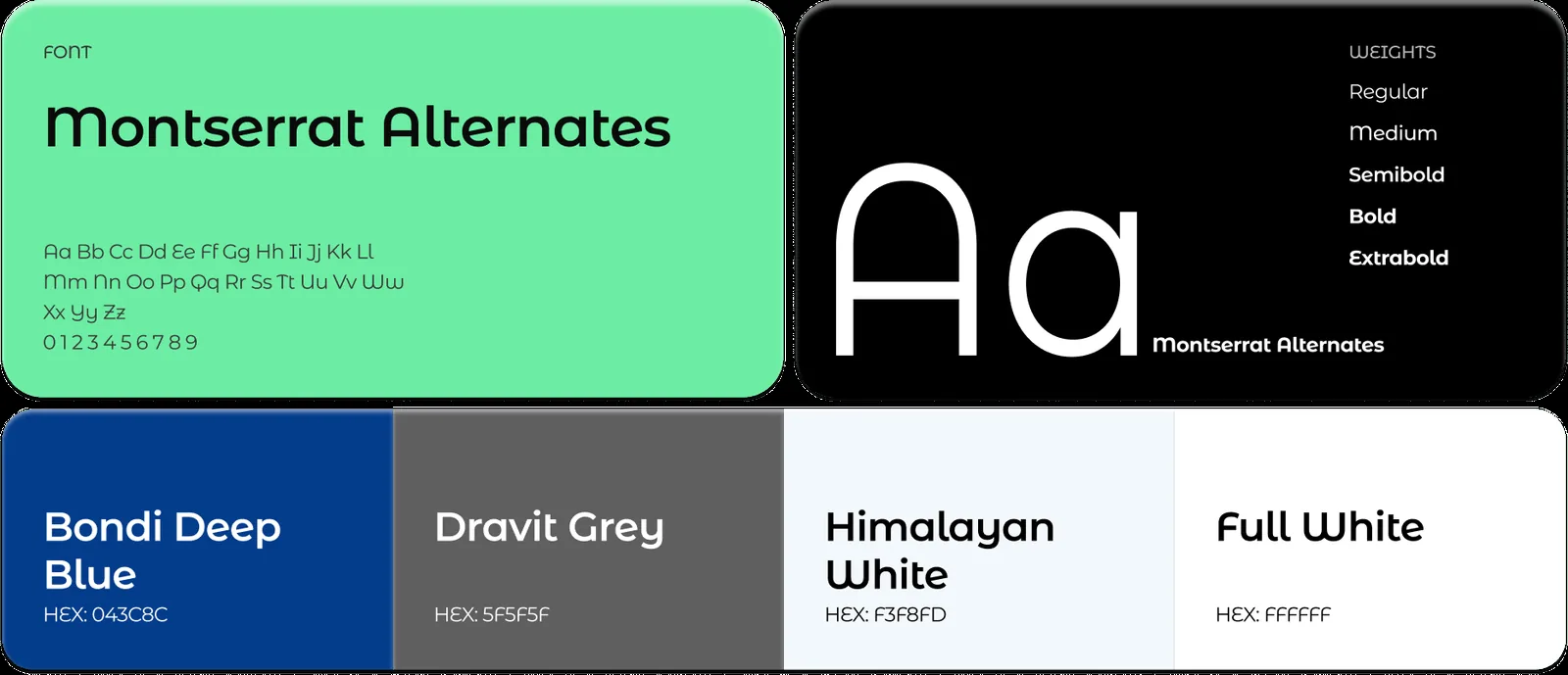 HirePrep brand style guide: Montserrat Alternates typeface in five weights, and a palette of Bondi Deep Blue (#043C8C), Dravit Grey (#5F5F5F), Himalayan White (#F3F8FD), and Full White (#FFFFFF)