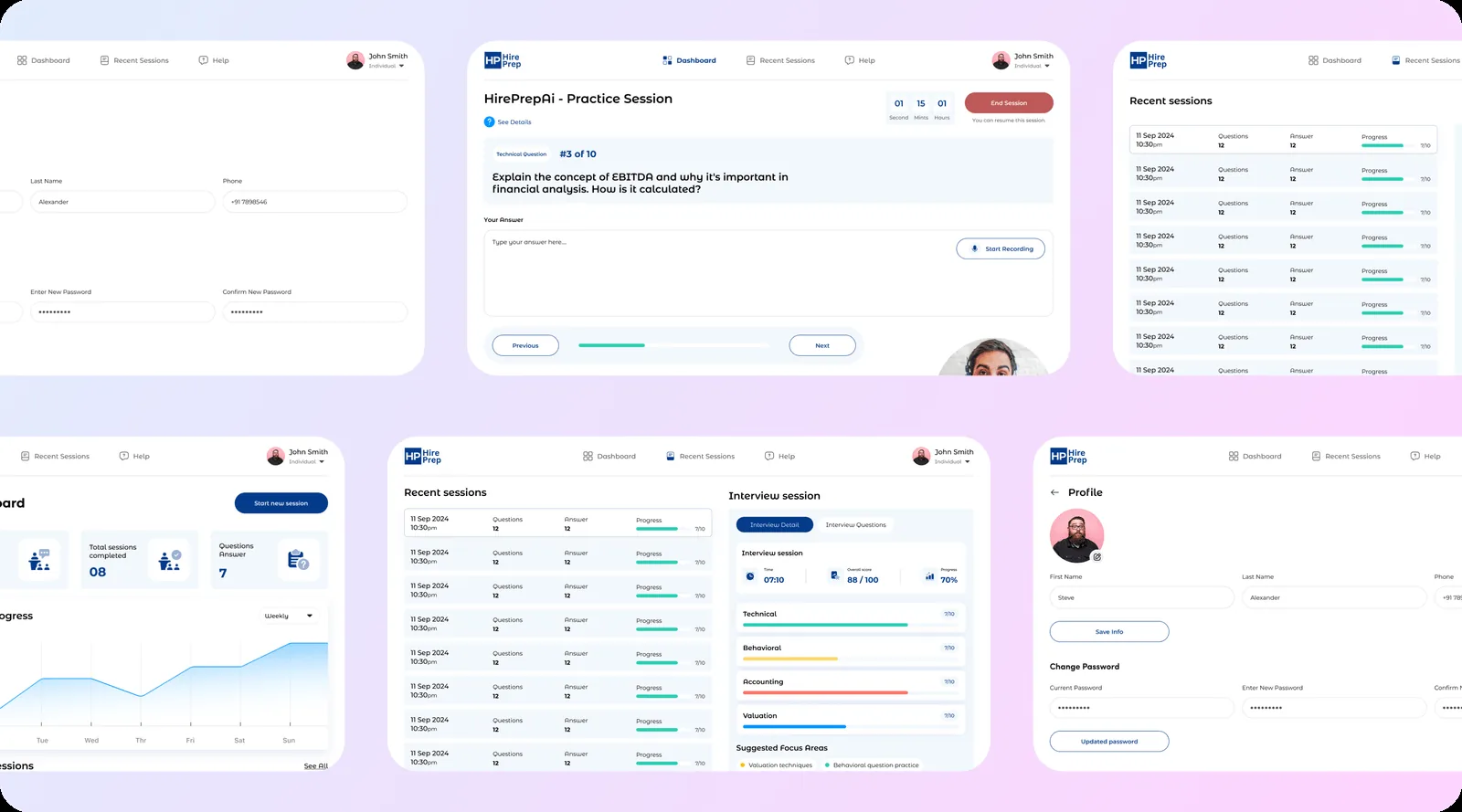HirePrep investment banking interview prep platform product design: a timed practice session with a technical question and answer box, a recent sessions list, an interview session summary with a readiness score and category breakdown, and a profile screen