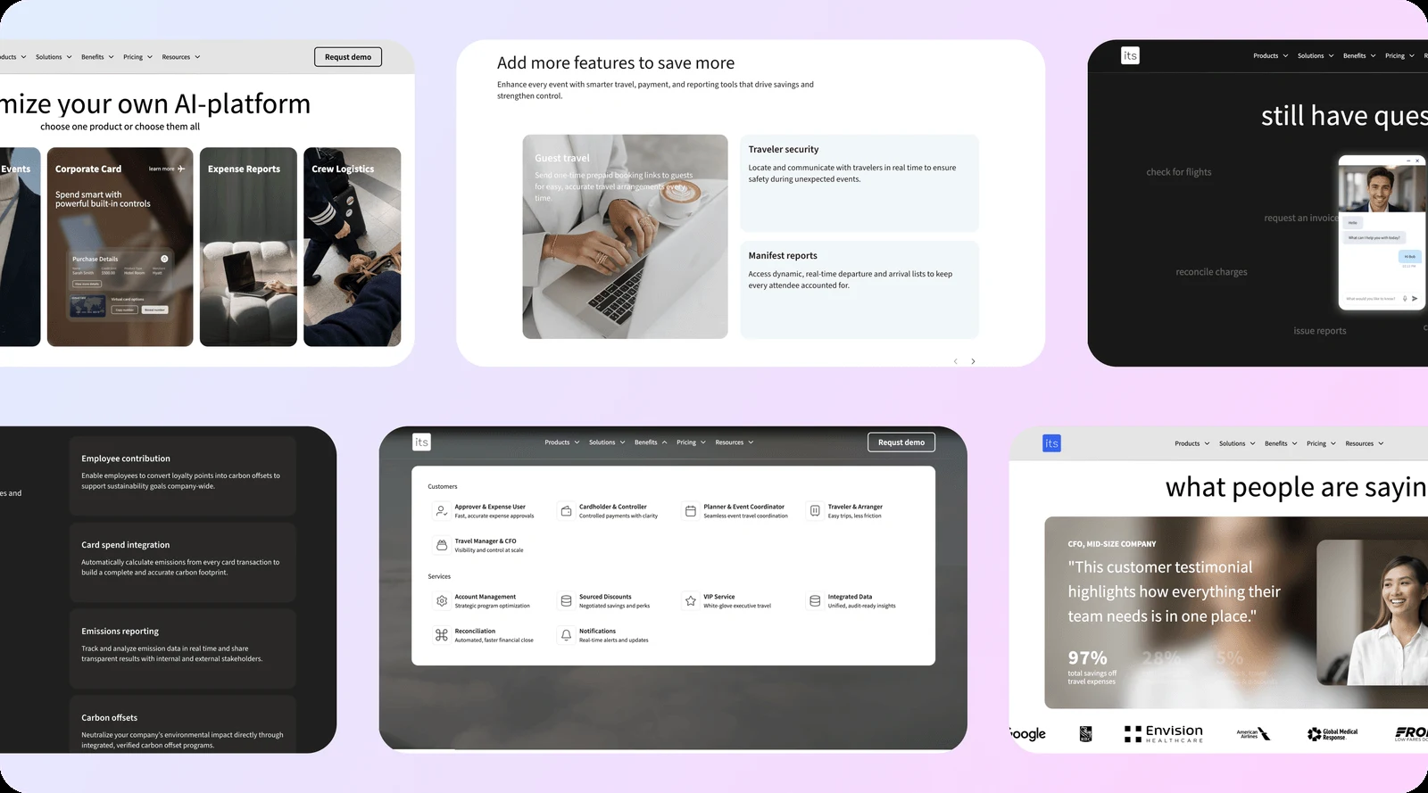 ITS enterprise website product design: a customize-your-platform product grid, a features section with guest travel and traveler security cards, a chat widget, a sustainability panel with carbon offset options, and a services navigator organized by customer and service type