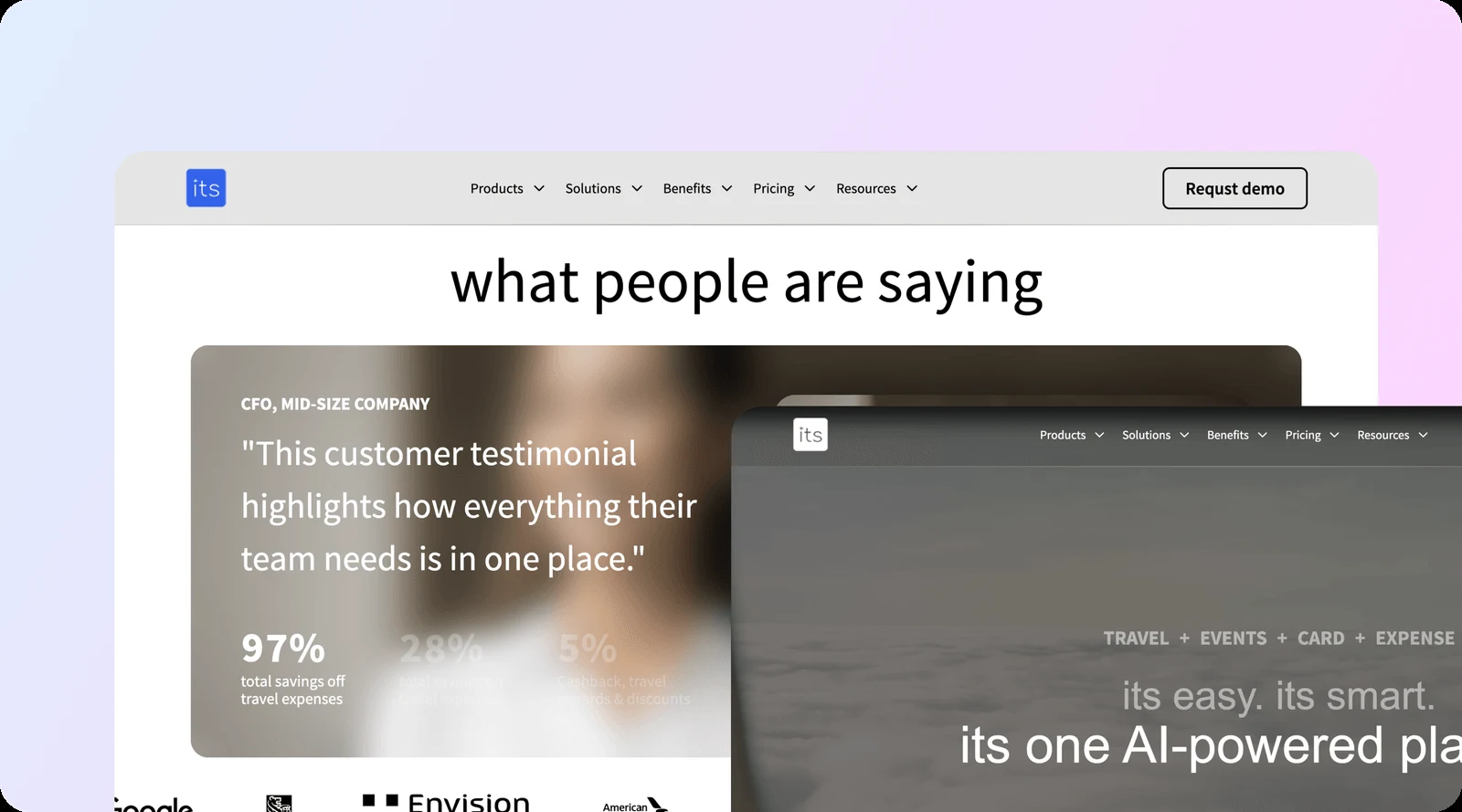 ITS enterprise website: a testimonial section with reported savings statistics, and the site navigation