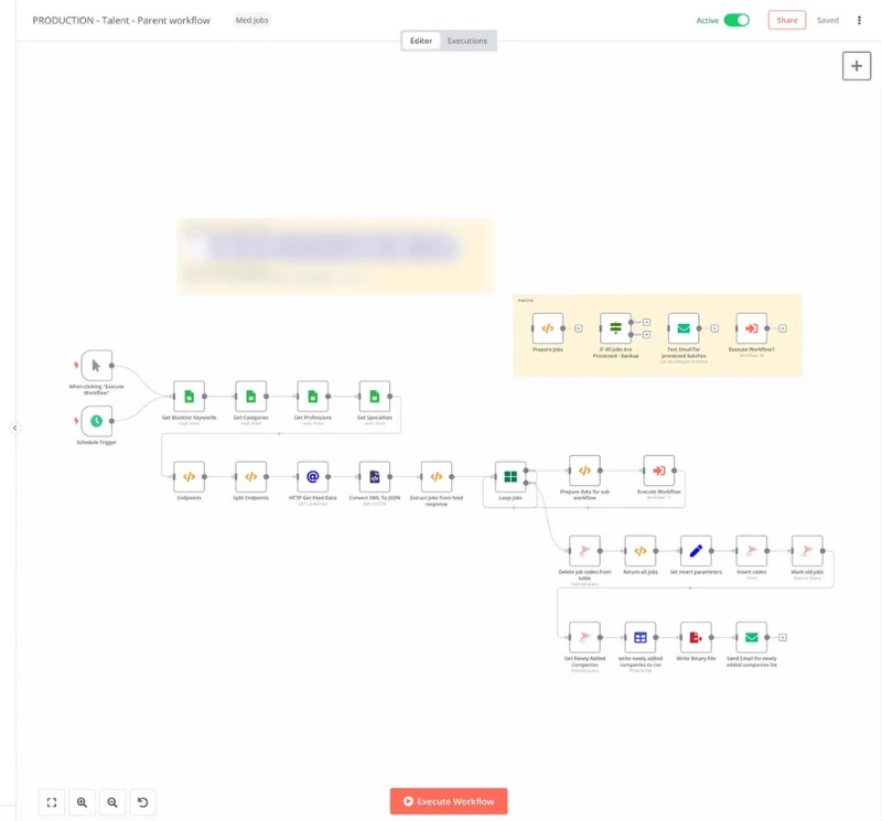 Live n8n workflow importing medical job feeds into a job board database