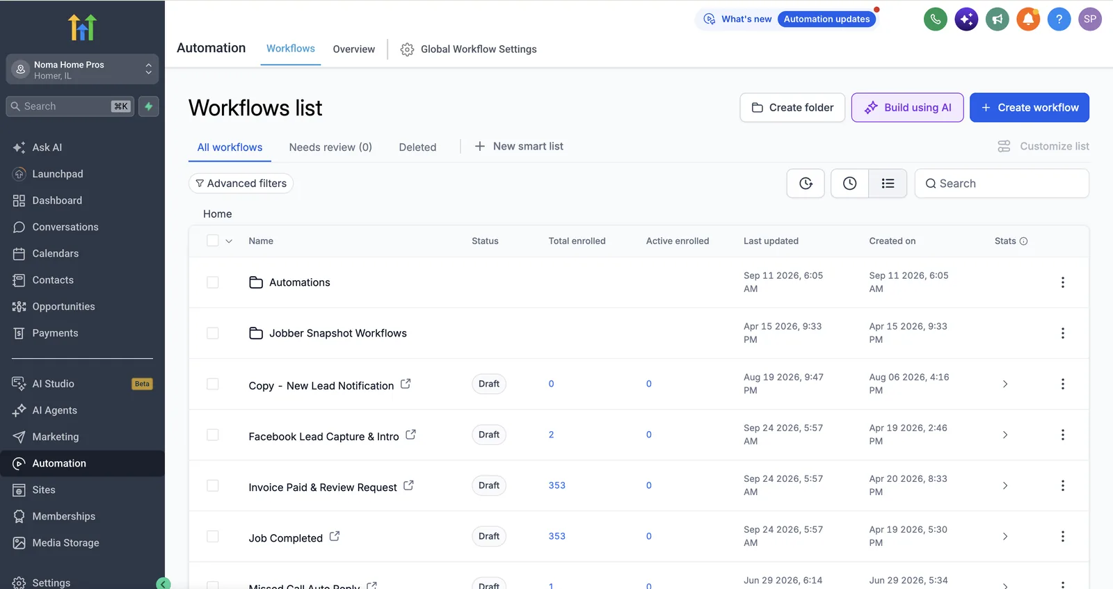 Noma Home Pros GoHighLevel workflows list with the Jobber snapshot and review request workflows
