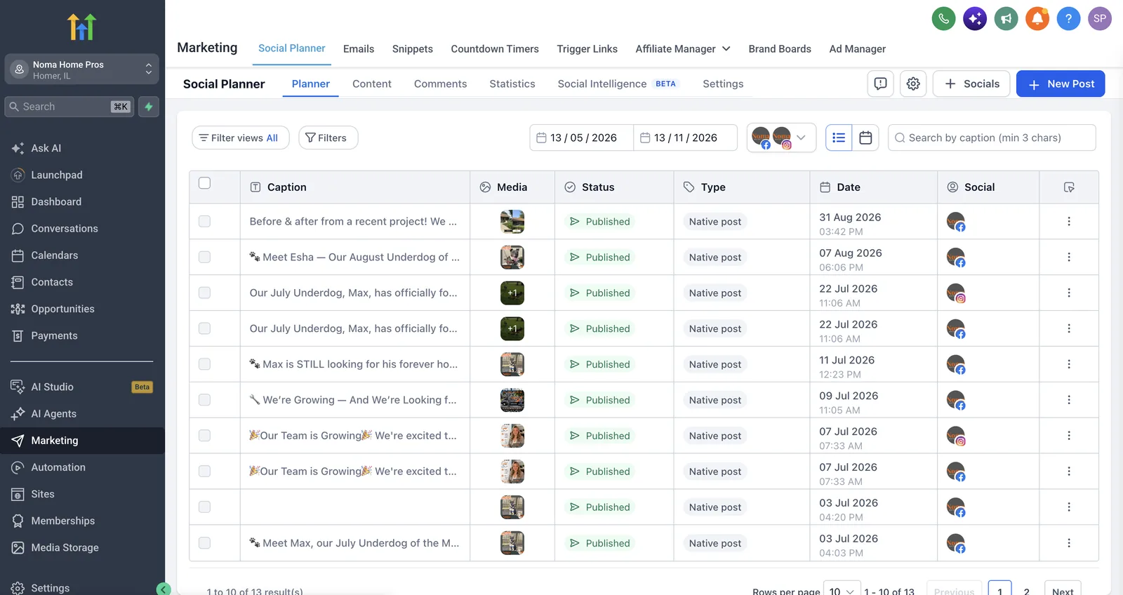 GoHighLevel social planner for Noma Home Pros showing published Facebook and Instagram posts from July and August 2026