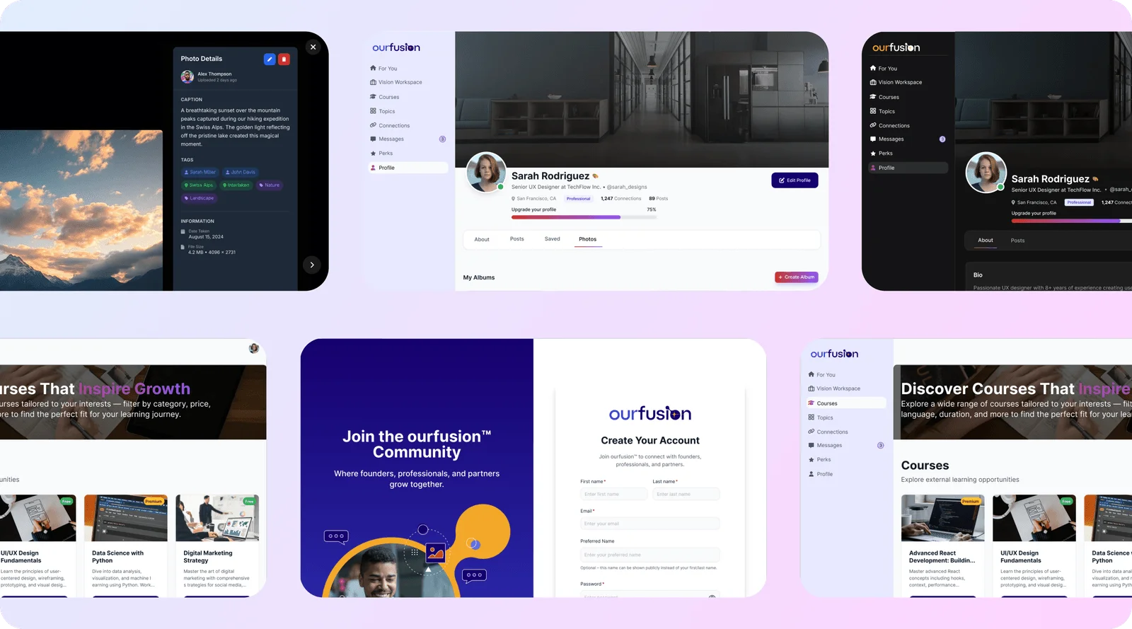 Our Fusion app product design: a photo details panel, the profile page's photos tab, the courses discovery page, and the sign-up screen