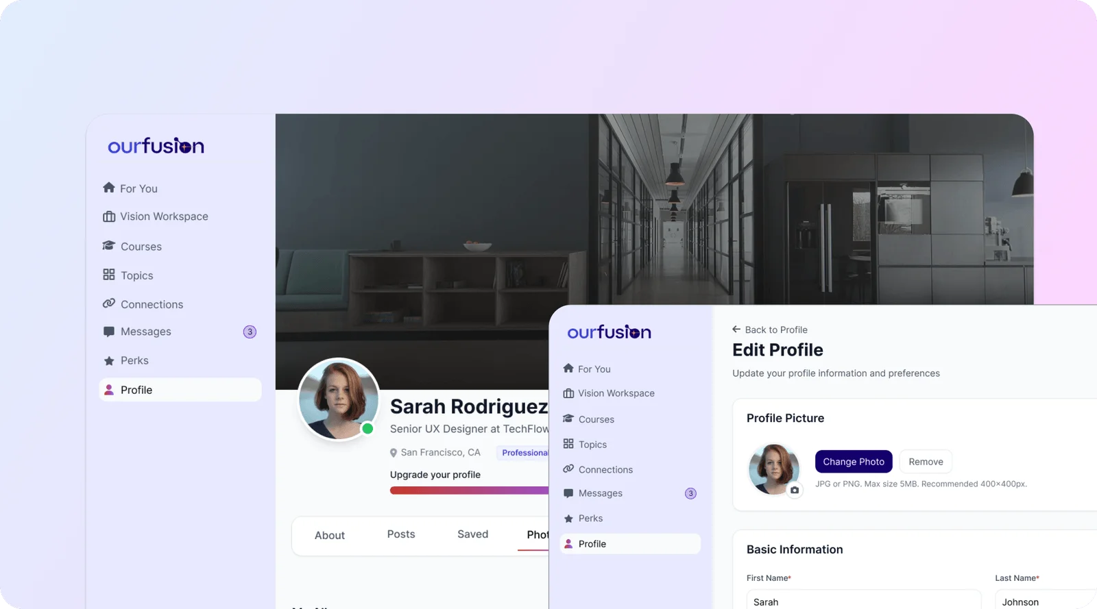 Our Fusion app product design: the main navigation, a member profile page, and the edit profile screen with profile picture upload