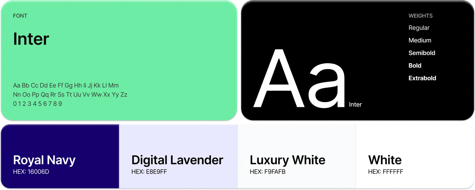 Our Fusion's brand style guide: Inter typeface in five weights, and a palette of Royal Navy (#16006D), Digital Lavender (#E8E9FF), Luxury White (#F9FAFB), and White (#FFFFFF)