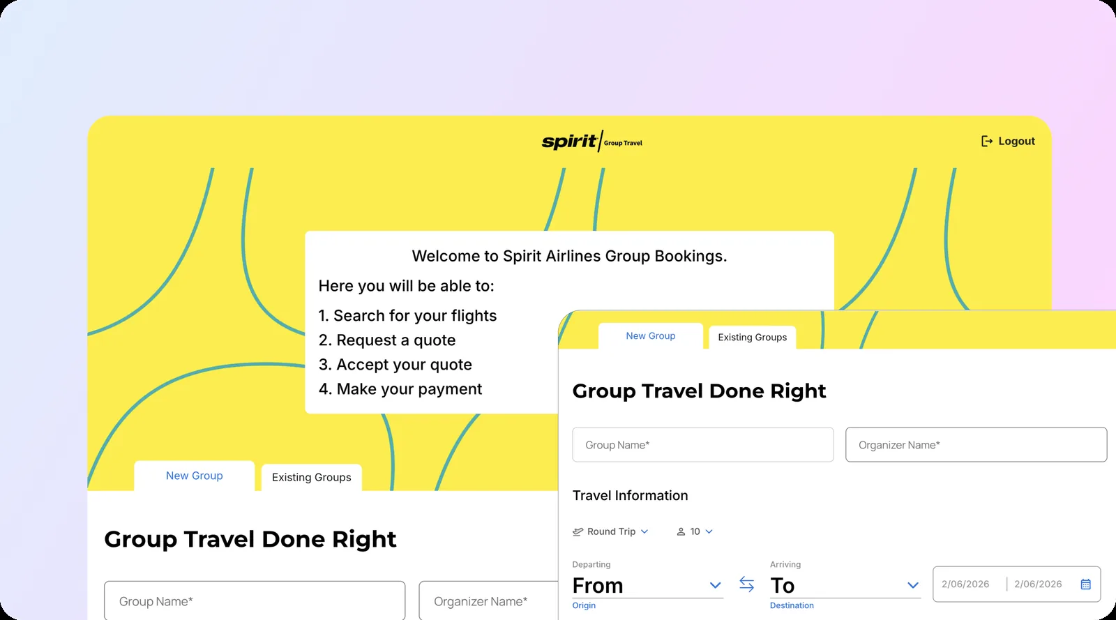 Spirit Airlines group travel platform: the onboarding welcome card and the new group request form with round trip, group size, and departure and arrival fields