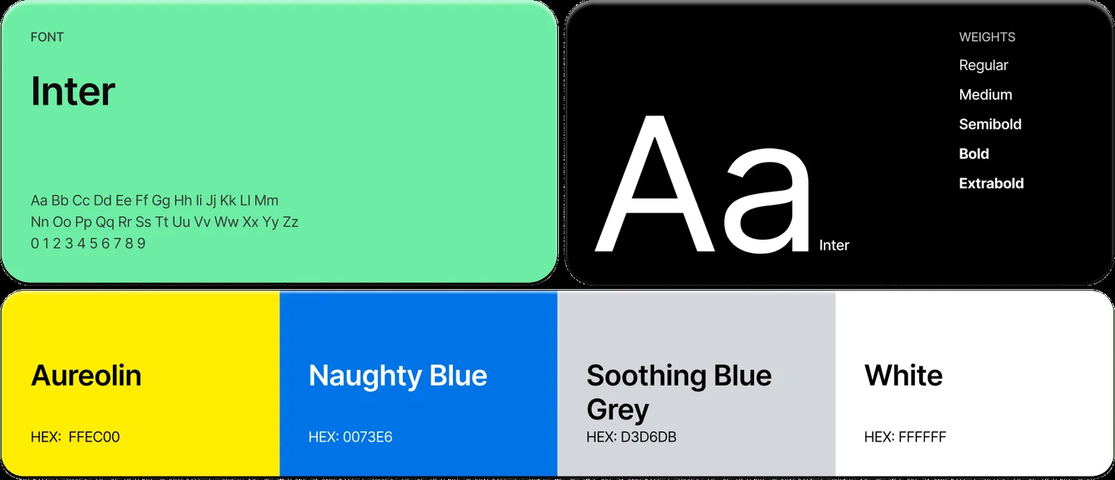 Spirit Airlines group travel platform brand style guide: Inter typeface in five weights, and a palette of Aureolin (#FFEC00), Naughty Blue (#0073E6), Soothing Blue Grey (#D3D6DB), and White (#FFFFFF)