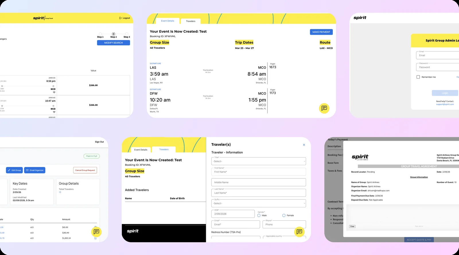 Spirit Airlines group travel platform product design: fare search results, a confirmed event with group size, trip dates and flight details, a group admin login, a paid-in-full group summary, a traveler information form, and a group travel payment agreement