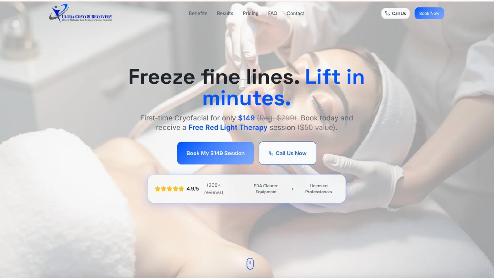 Ultra Cryo & Recovery's website: a cryofacial and recovery clinic offer page with booking and call buttons