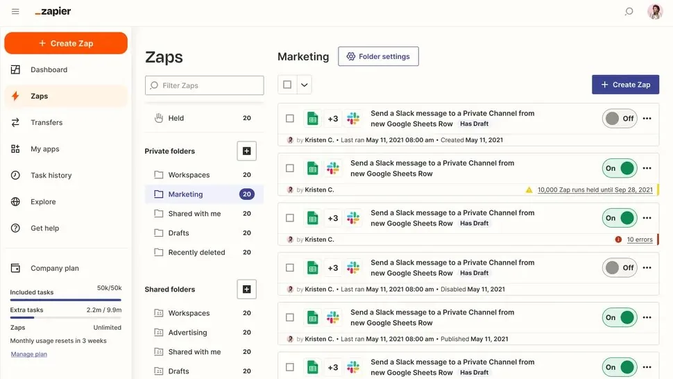 Zapier dashboard showing a folder of Zaps with run status and history