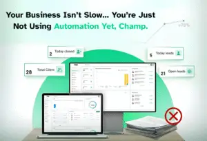 Illustration promoting business automation, showing dashboard screens, lead statistics, and a stack of papers crossed out to highlight efficiency through automation.