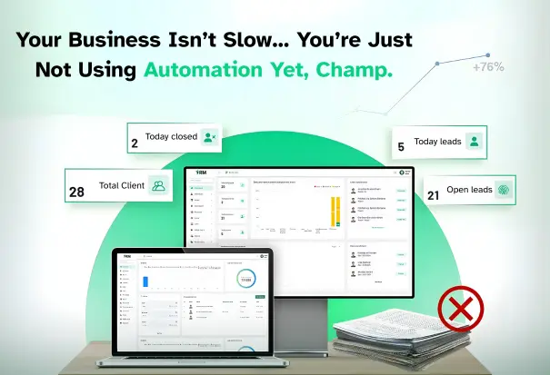 Illustration promoting business automation, showing dashboard screens, lead statistics, and a stack of papers crossed out to highlight efficiency through automation.