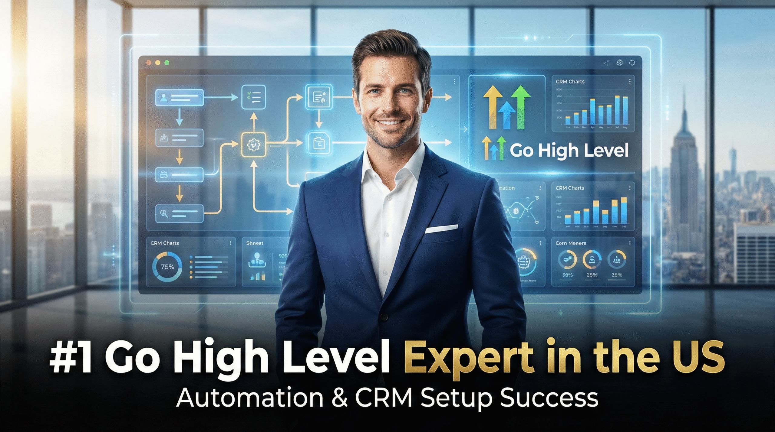 Business thumbnail showing professional leader with automation dashboard background, representing how Autoesta became the #1 Go High Level expert in the US for CRM setup and automation solutions.