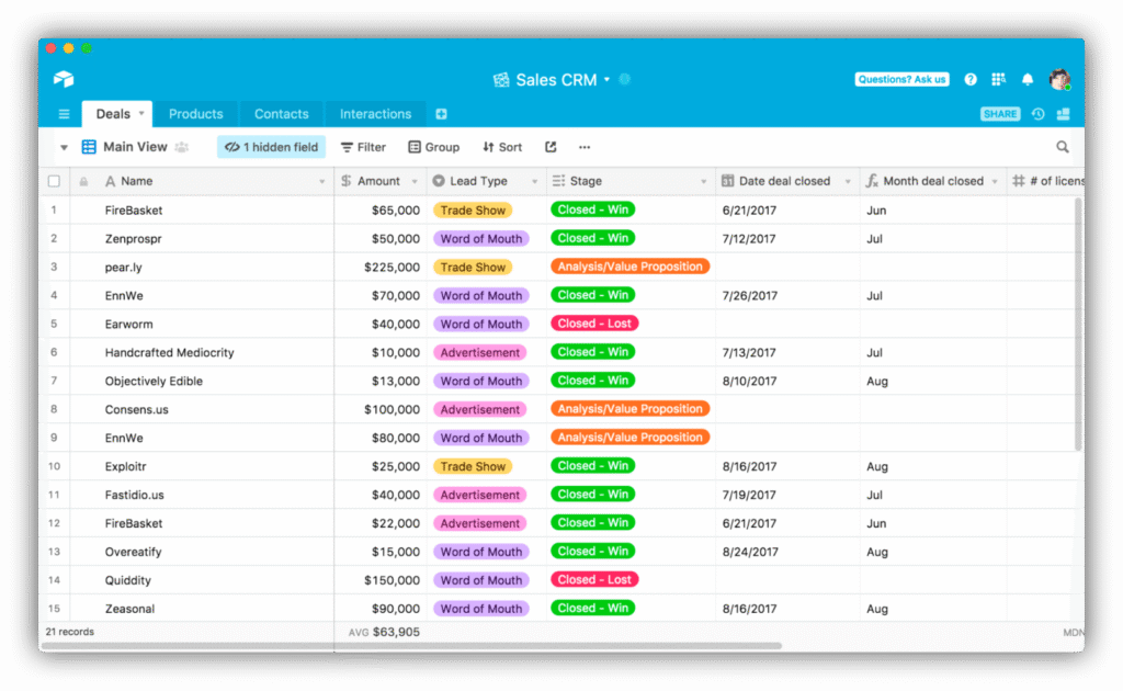 Airtable sales CRM dashboard showing deals table with lead types, deal stages, closed-won and closed-lost statuses, and revenue tracking