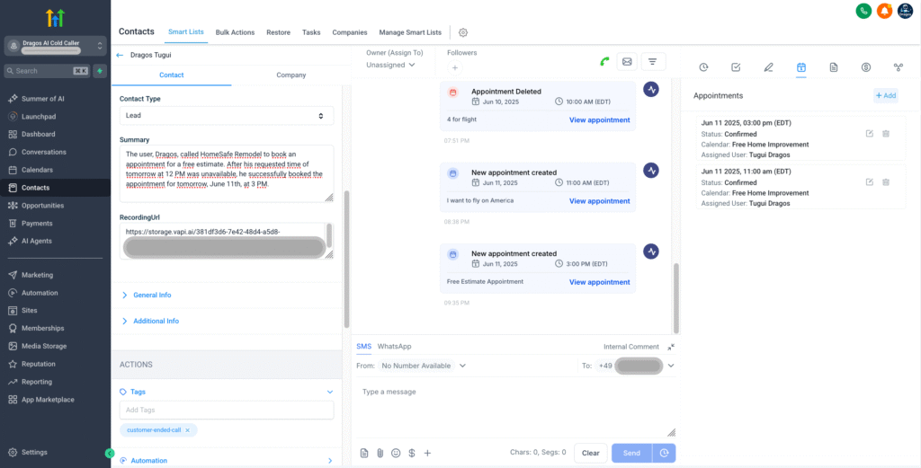 Go High Level CRM contact profile showing AI call summary, appointment booking history, call recording link, and automated scheduling updates
