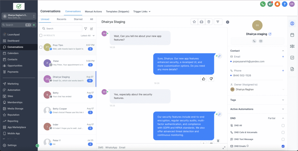 Go High Level CRM conversations dashboard showing AI chat replies, SMS and email messages, contact details, and automated follow-up actions