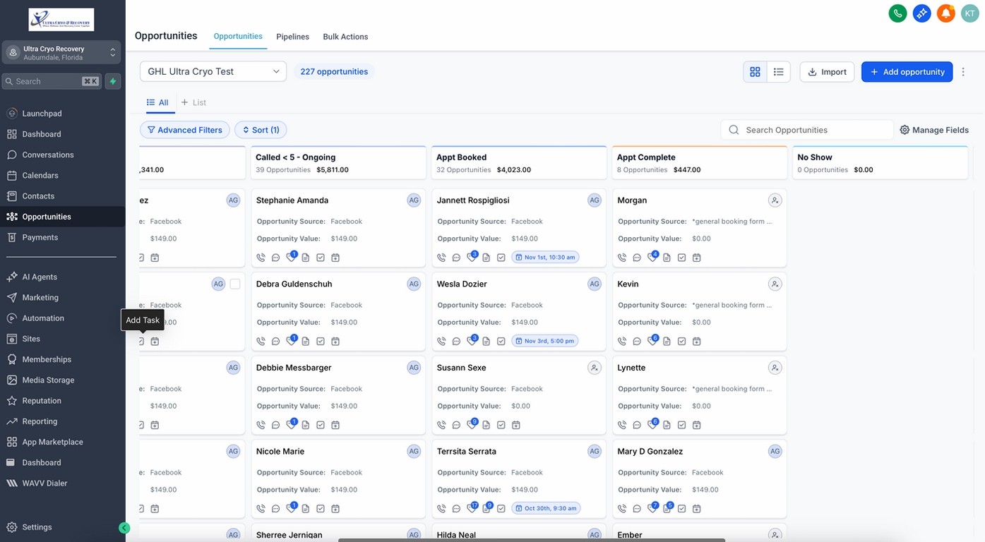 Go High Level CRM opportunities pipeline dashboard showing lead stages, appointment status, deal values, and sales automation workflow