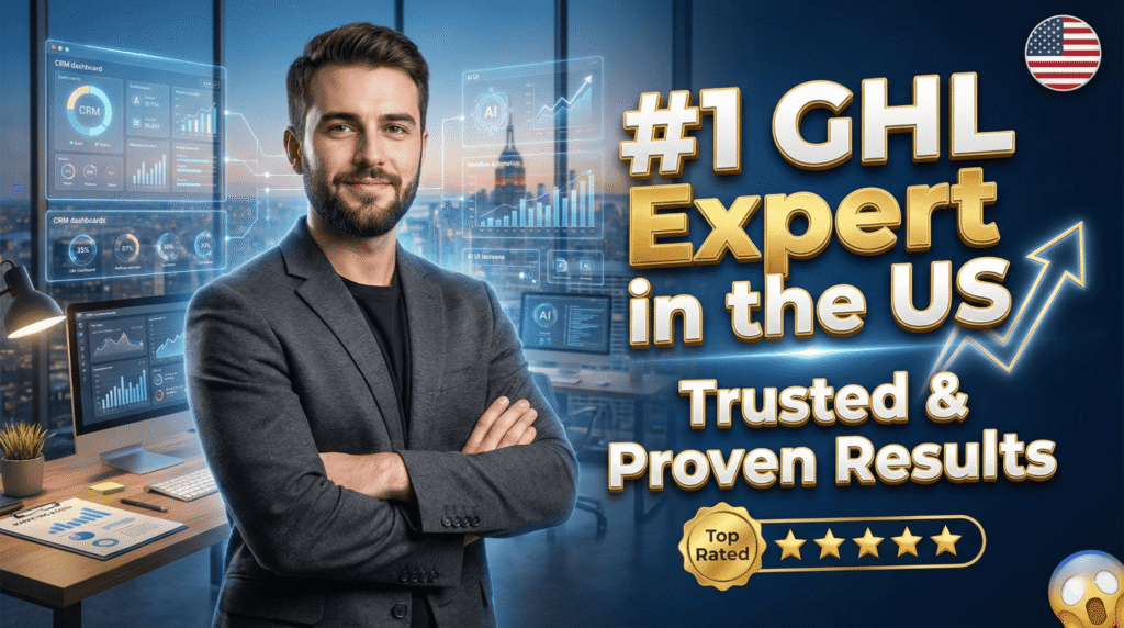 Professional Go High Level expert standing in a modern office with CRM dashboards and automation graphics showcasing #1 GHL Expert in the US.
