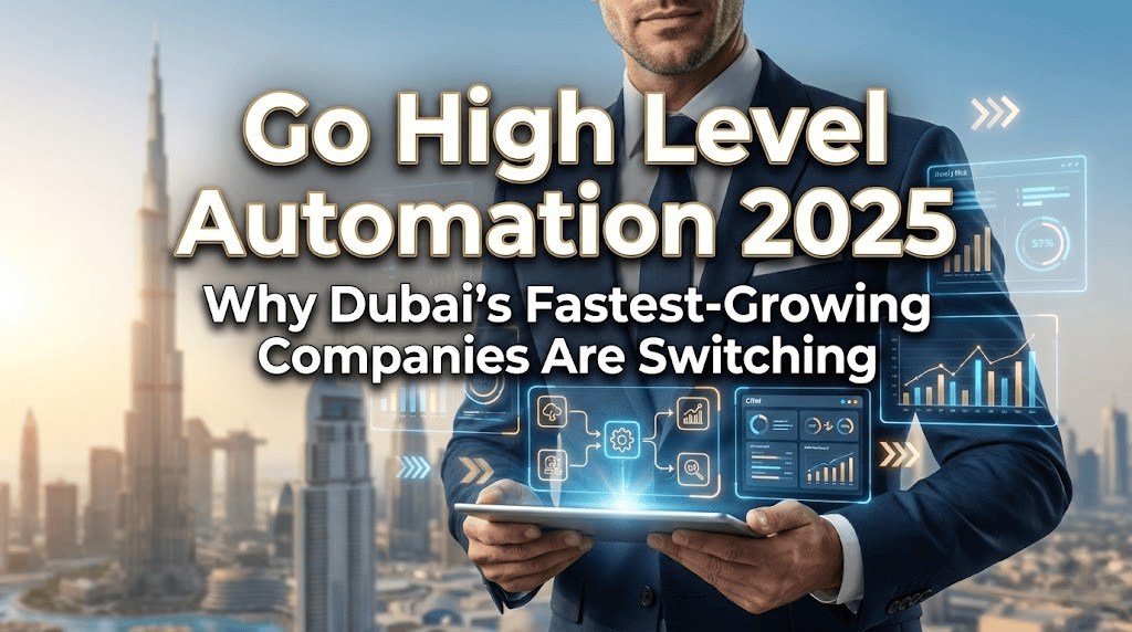 Professional business thumbnail showing Dubai skyline and Burj Khalifa with a corporate leader and digital automation dashboard, representing why Dubai’s fastest-growing companies are switching to Go High Level automation in 2025.