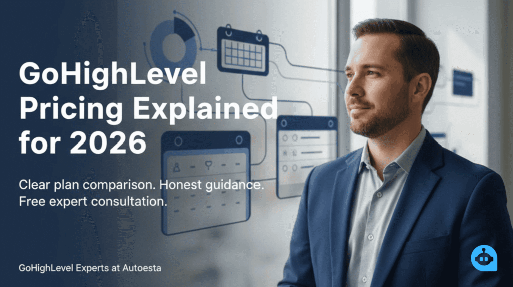 Professional GoHighLevel consultant explaining CRM pricing plans for 2026 with automation dashboards, representing Autoesta GoHighLevel experts