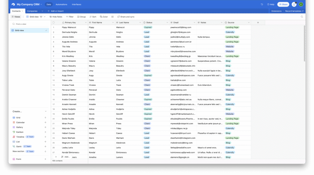Airtable automation dashboard created by Autoesta showing synced databases, CRM records, and automated workflows