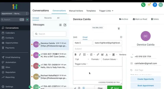 Go High Level CRM conversations dashboard showing SMS and email replies, contact message threads, and automated follow-up editor