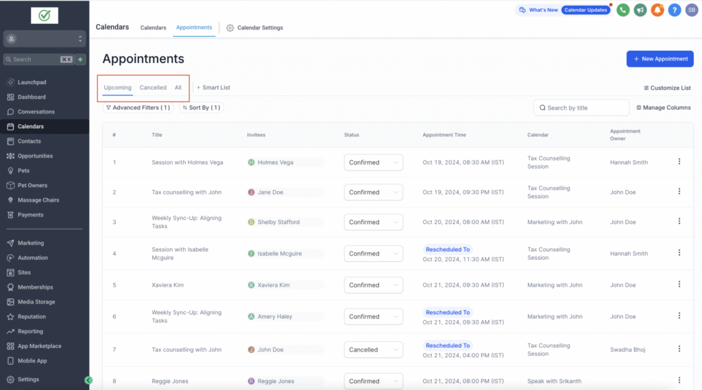 Go High Level appointments dashboard showing upcoming, cancelled, and confirmed bookings with calendar ownership and scheduling details