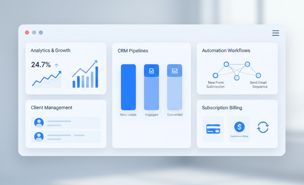 White-label SaaS dashboard built on go high level showing CRM automation, sales pipelines, workflows, and subscription management